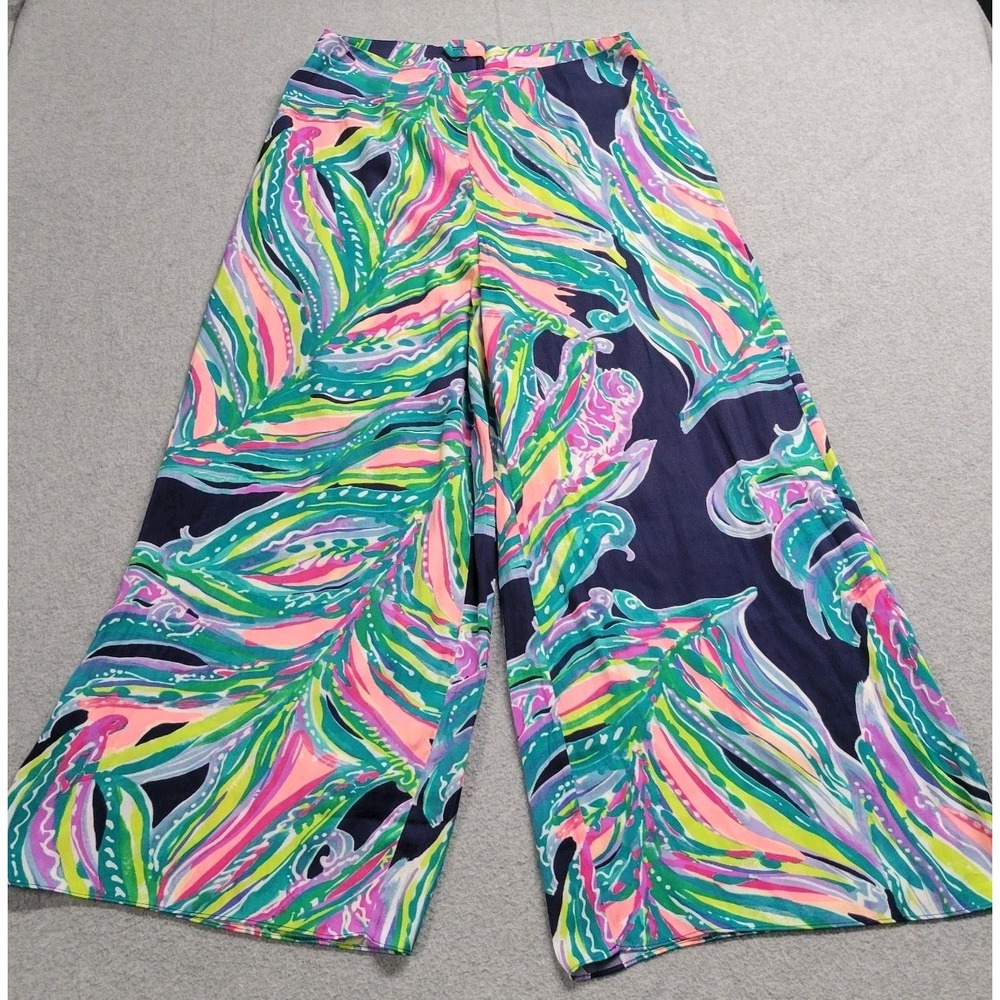 Lilly Pulitzer Bal Harbour Palazzo Pants Size 0 Tropical Leaf Wide Leg Navy Pink